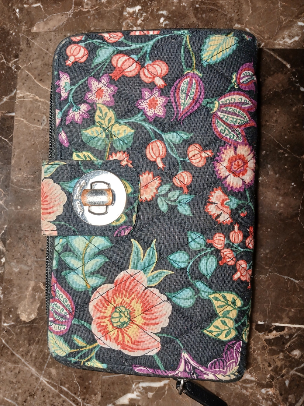 Vera Bradley Black Floral Quilted Wallet with Multicolor Flowers